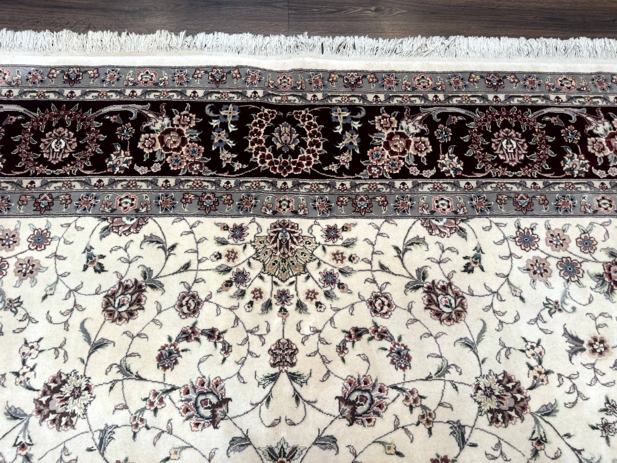 Sino Persian Rug 9x12, Floral Allover Design, 170 KPSI, Ivory and Dark Maroon by Jewel Rugs