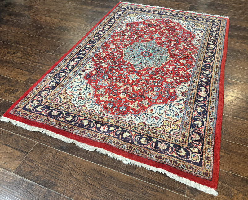 Persian Sarouk Rug 4x7, Red Navy Blue Vintage Wool Medallion Carpet by Jewel Rugs