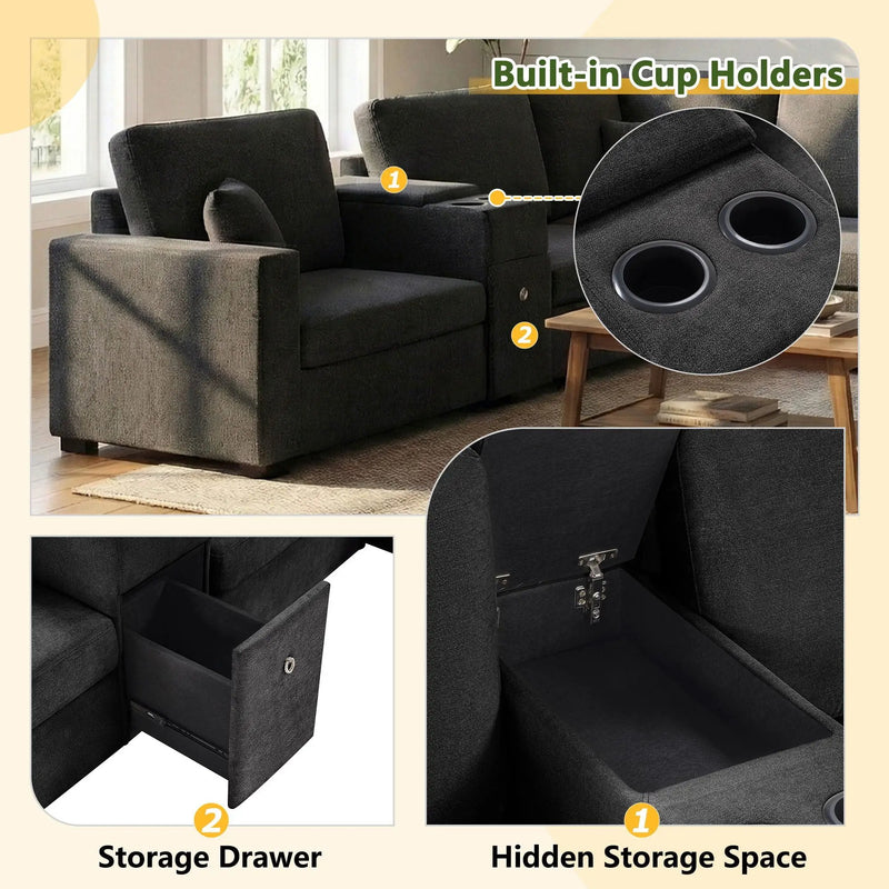 Modular 5 Seat U-Shape Sectional Sofa With Chaise Lounge, Built In Cup Holders And Storage Drawer by Unique Piece Furniture