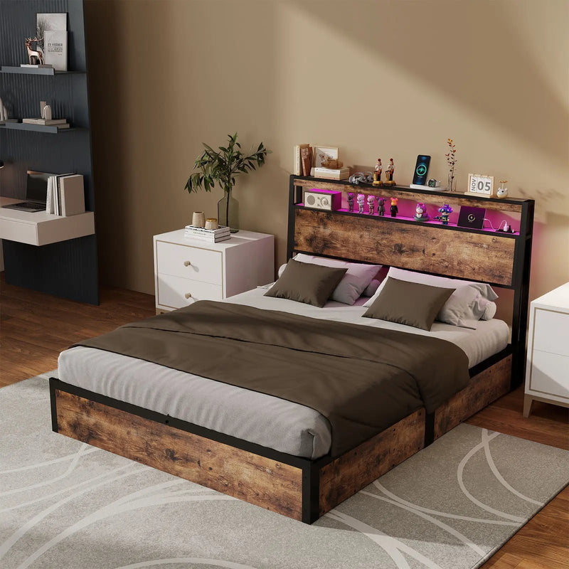 Frame With Hydraulic Lift Storage, RGB LED Lights & Multi-Port Charging, No Box Spring Needed by HouseOfZazla