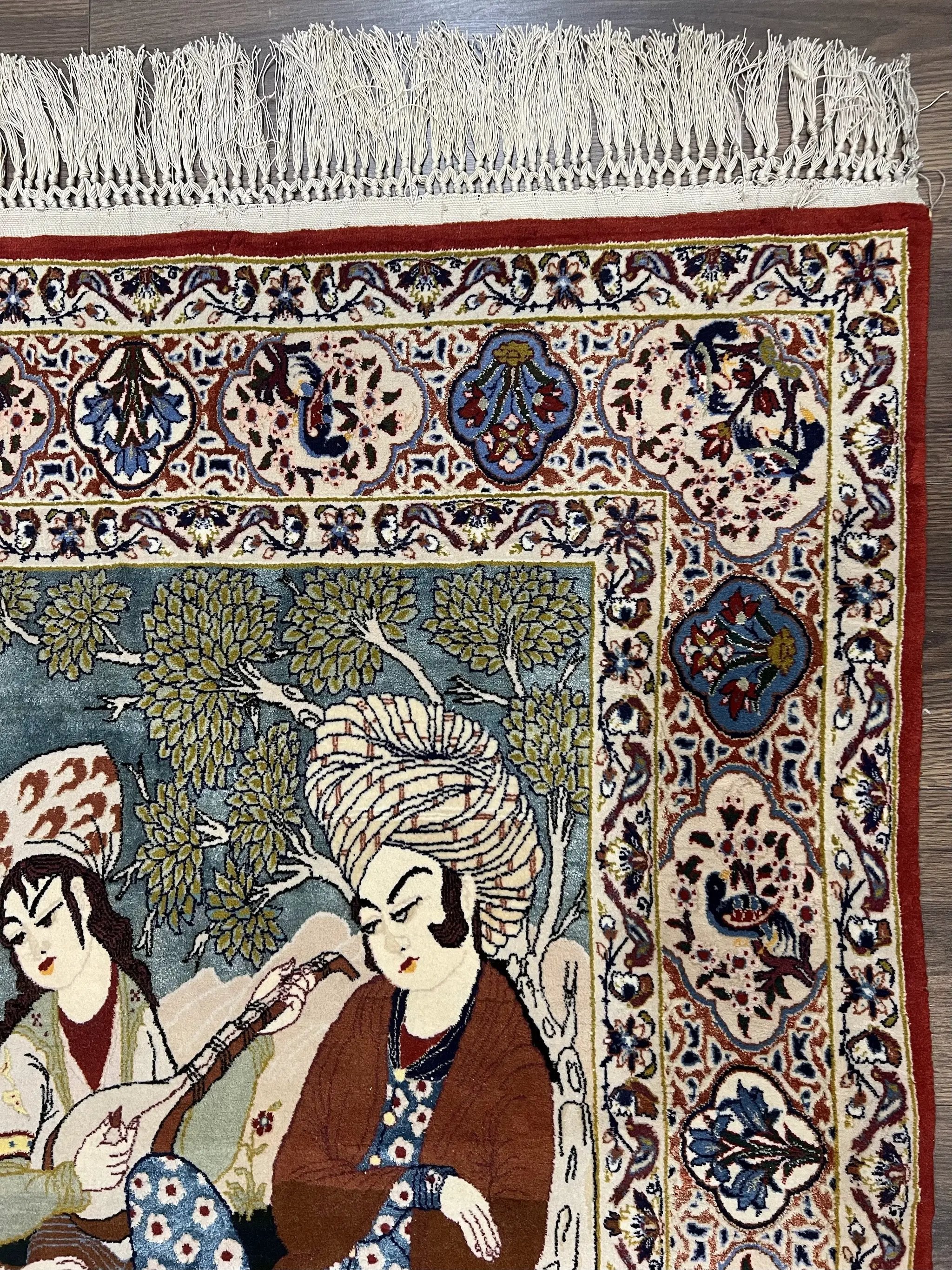 Persian Pictorial Rug 5 x 4 ft, Persian Isfahan Rug, Kork Wool on Silk Foundation, Signature from Master Weaver, Drums and Musical Instruments, Birds, Detailed by Jewel Rugs