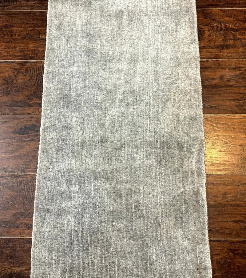 Modern Tibetan Runner Rug 1.9 x 8.6, Wool and Silk Highlights, Gray/Silver, Narrow Runner for Hallway or Kitchen by Jewel Rugs