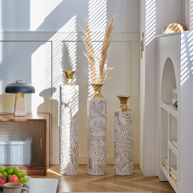 Floor Metal Vases Decorated Metal Vases (Set of 3) Gorgeous Home Decoration Large Glazed Metal Vases - White / Gold by Unique Piece Furniture