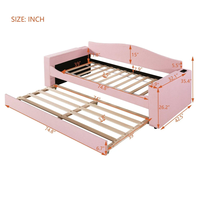 Upholstered Daybed With Storage Armrests, Trundle And Latest Integrated tooth Audio System by HouseOfZazla