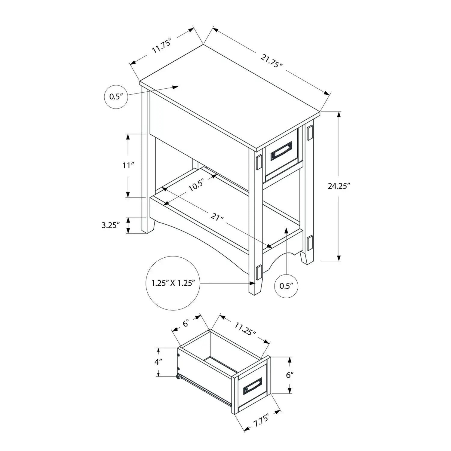 Accent End Table, 2 Tier, Narrow, Storage Drawer, Transitional - Walnut by Unique Piece Furniture