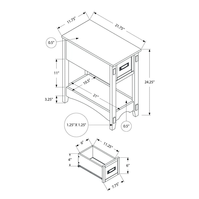 Accent End Table, 2 Tier, Narrow, Storage Drawer, Transitional - Walnut by Unique Piece Furniture