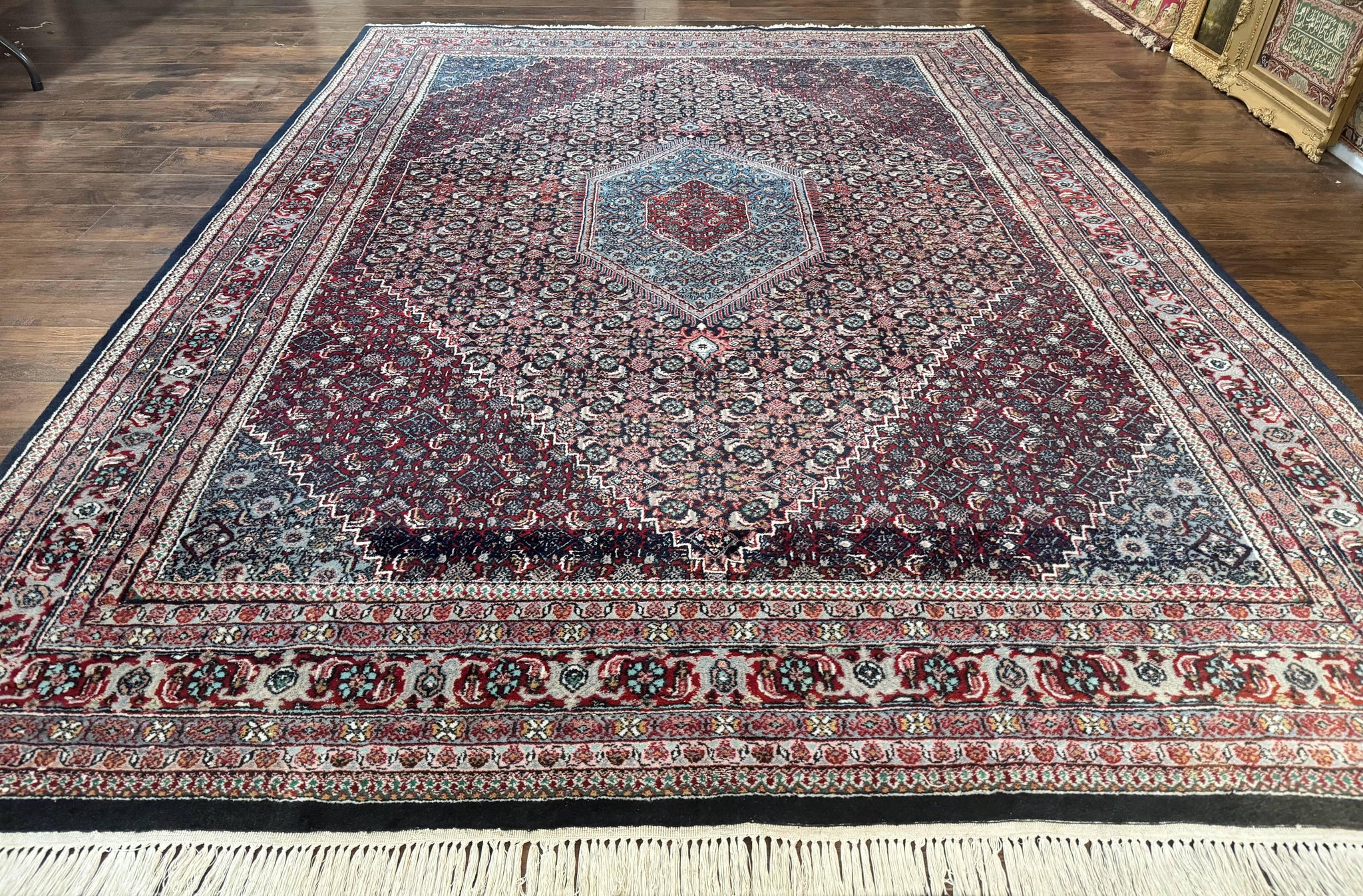 Indo Persian Bidjar Rug 8x11, Herati Mahi Pattern, Red Navy Blue, Handmade Vintage Wool Carpet by Jewel Rugs