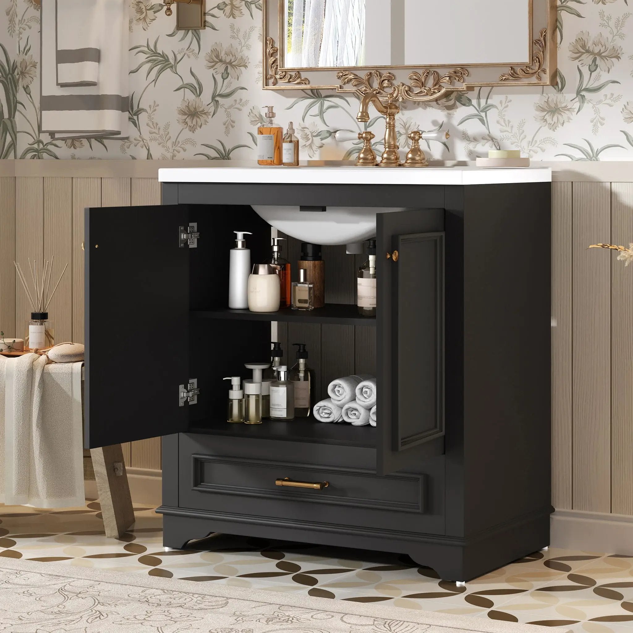 Bathroom Vanity With Sink, Cabinet & 2 Soft Closing Doors & Adjustable Shelf by Unique Piece Furniture