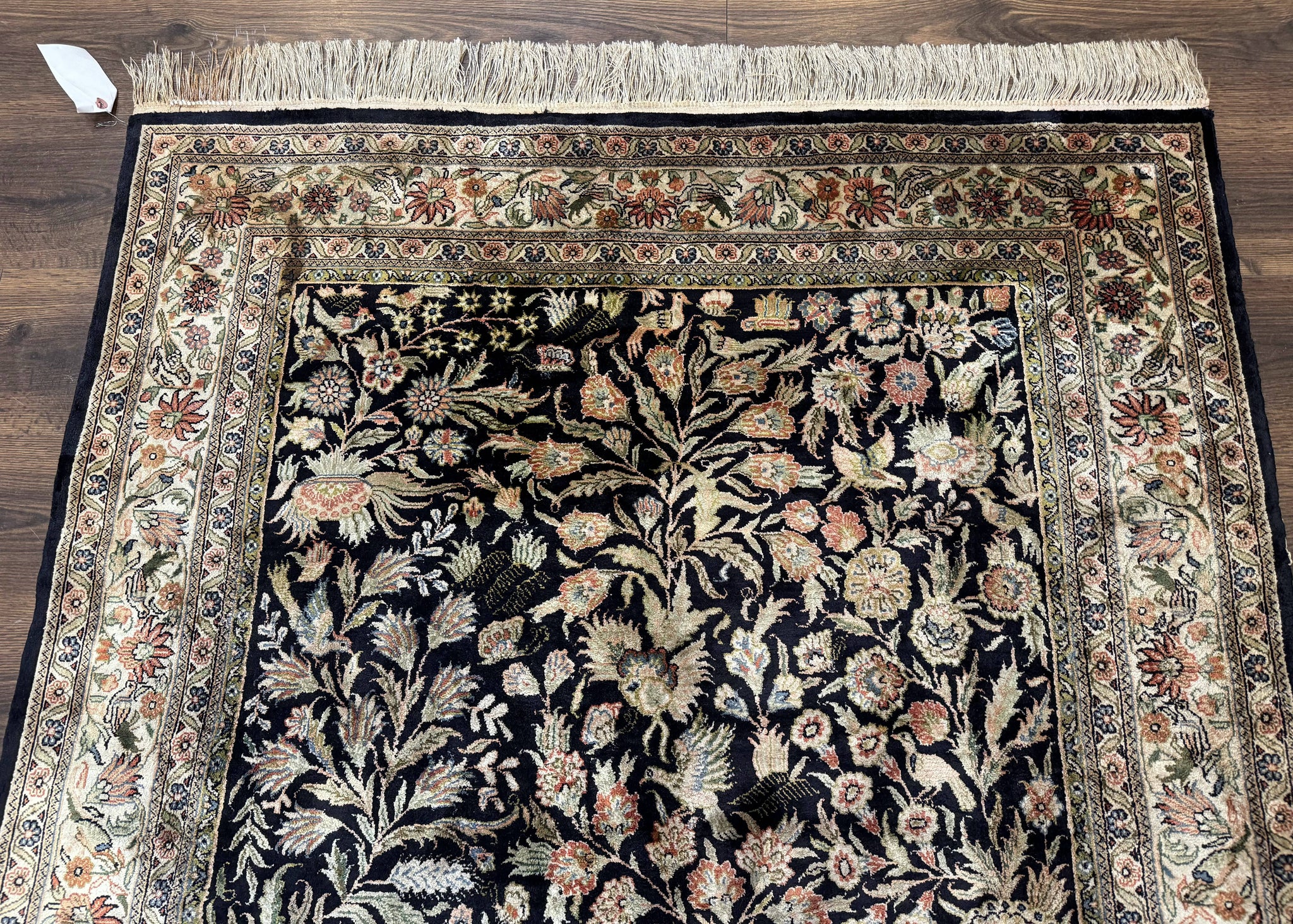 Silk Rug 4x6, Black and Cream, Floral & Bird Pictorials, Fine 330 KPSI, Sino Persian Rug by Jewel Rugs