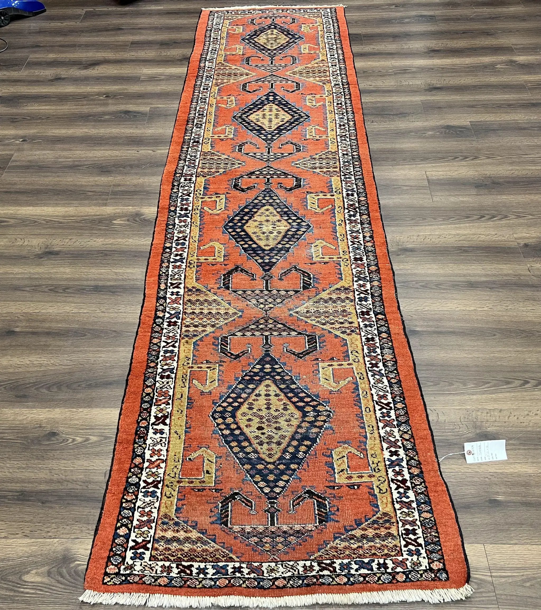 Rare Persian Tribal Runner Rug 3 x 11, Sarab Serab Persian Runner, Antique 1920s Collectible Geometric Medallions Oriental Wool Runner, Hand Knotted, Bright Orange-Red by Jewel Rugs