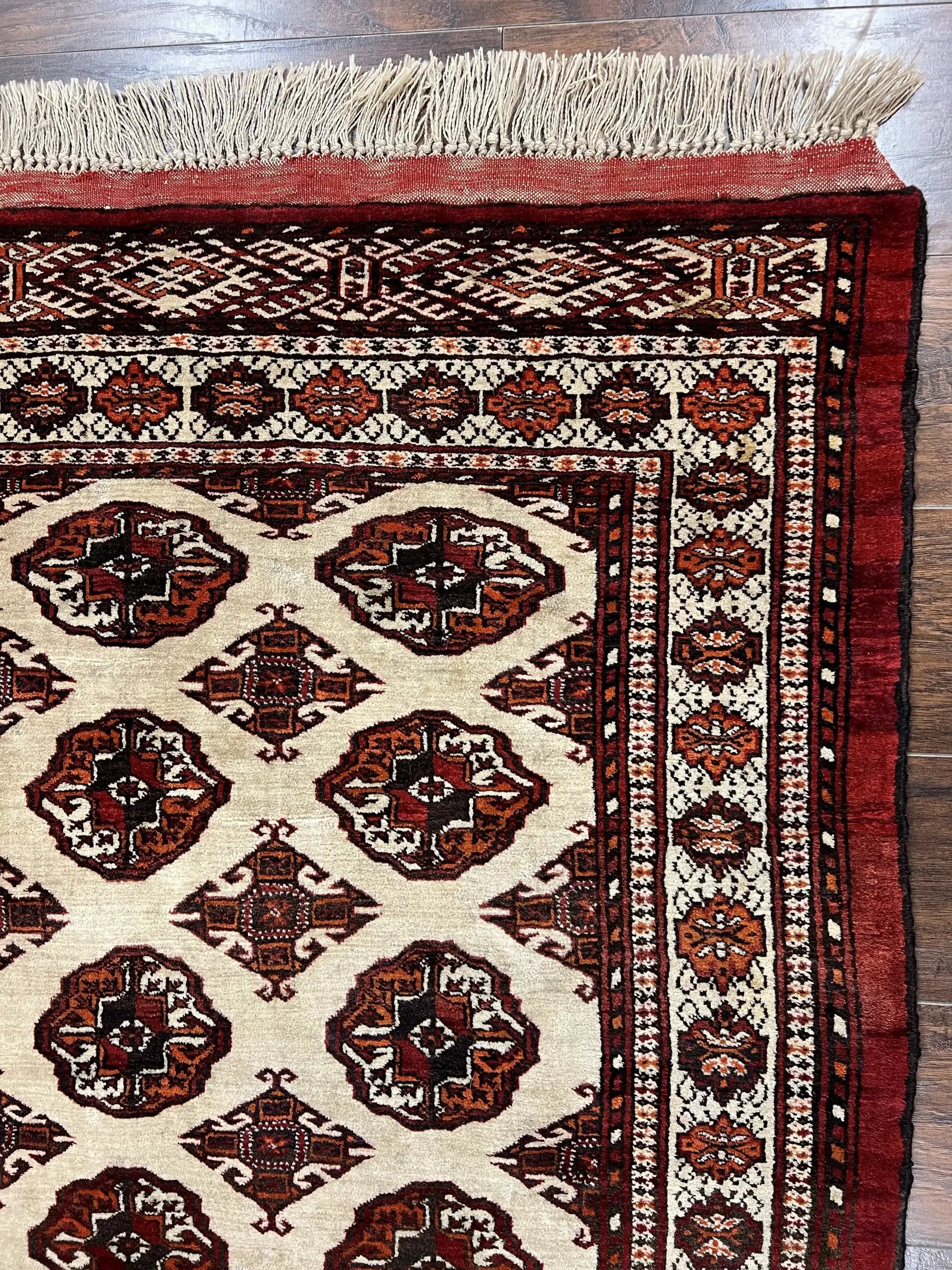 Persian Turkoman Rug 7x8, Almost Square Rare, Hand Knotted, Yamud, Bohemian Rug, Handmade Tribal Rug, Cream Red, Handmade Oriental Carpet by Jewel Rugs