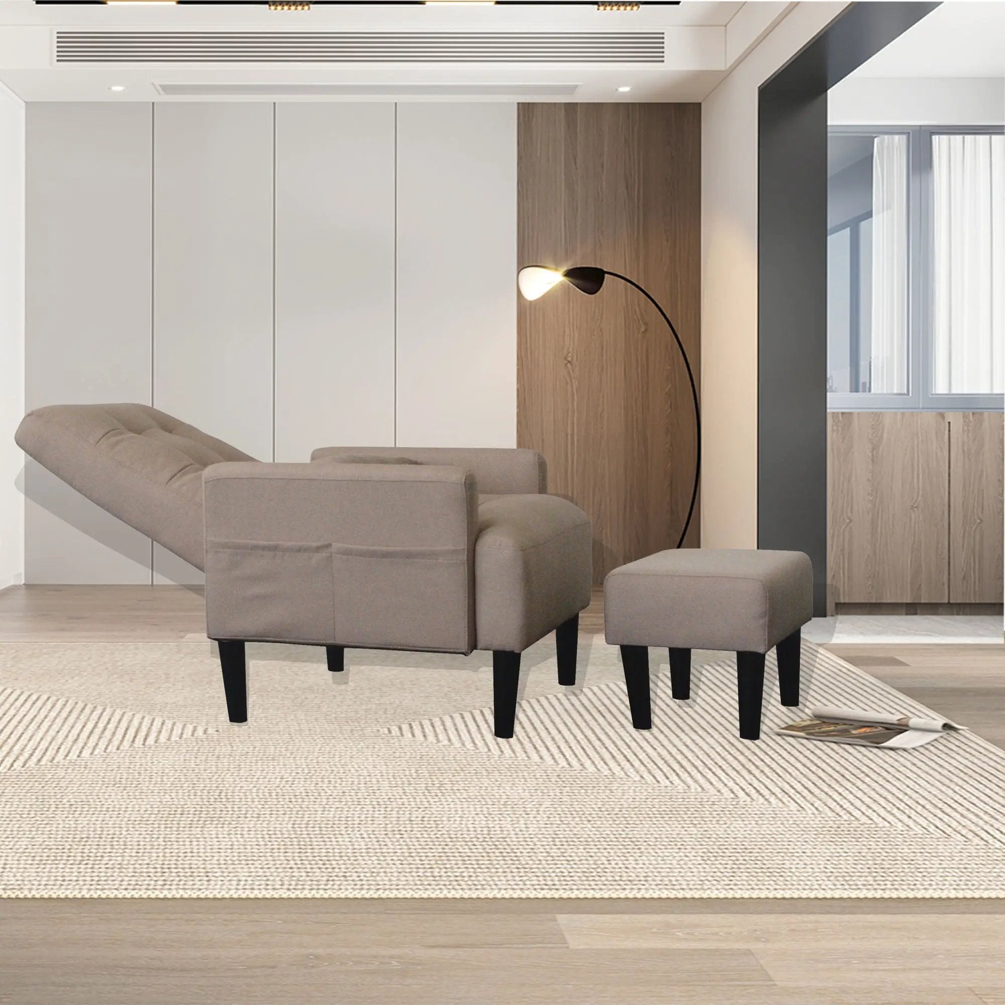 Living Room Sofa Single Chair And Ottoman, Modern Multi-Function Fabric Living Room Sofa Lounge Chair Bed And Stool. Soft Leisure Single Chair Adjustable Into 5 Angles With Sofa Bed by Unique Piece Furniture