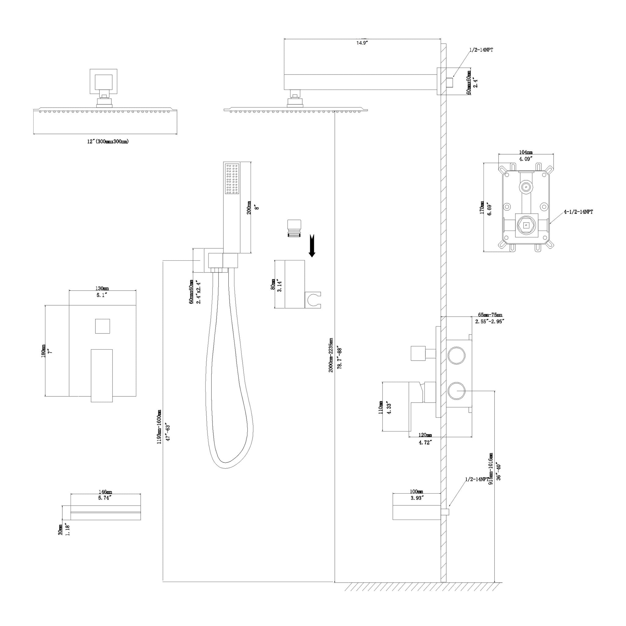 12" Ceiling Mount Square Shower System With Waterfall Tub Spout And Handheld Shower by HouseOfZazla