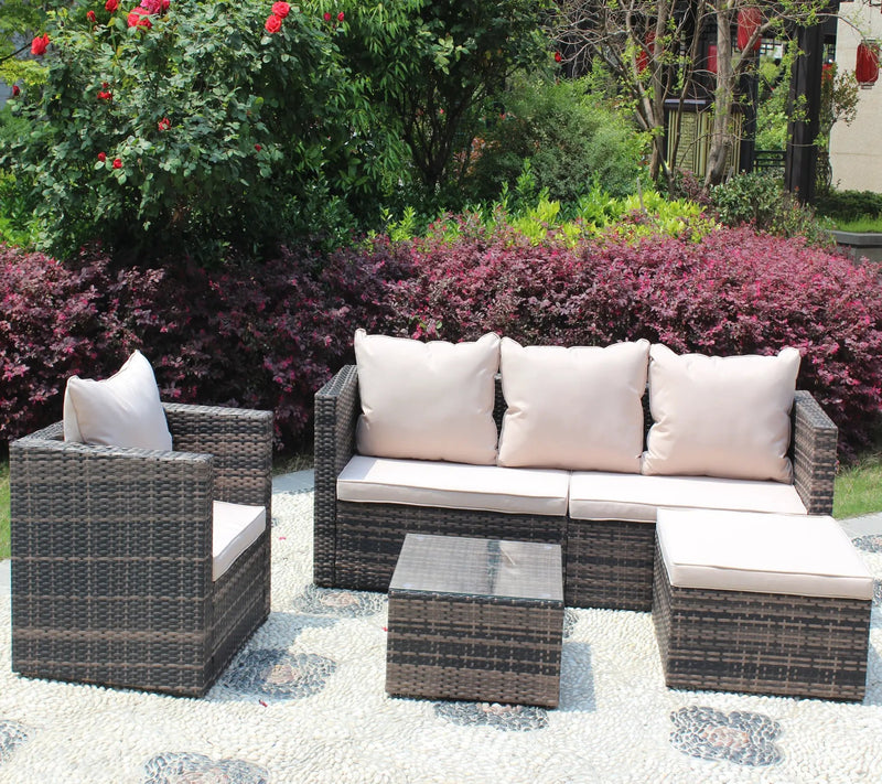 Rattan Patio Furniture Set Wicker Sofa Cushioned Sectional (4 Pieces, Brown) by HouseOfZazla