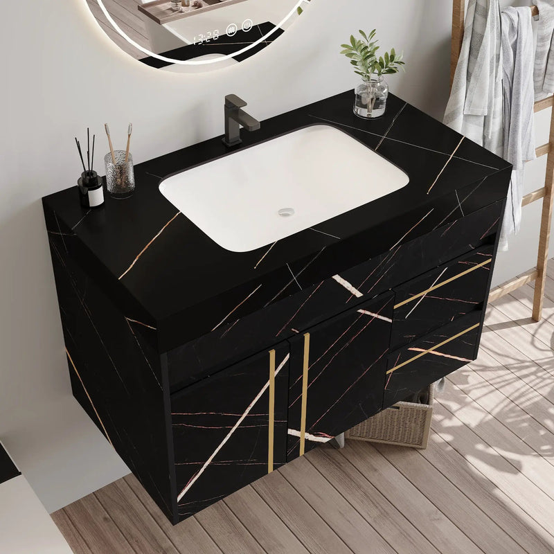 35.2 in Floating Bathroom Vanity with Sink and Faux Marble Top by HouseOfZazla