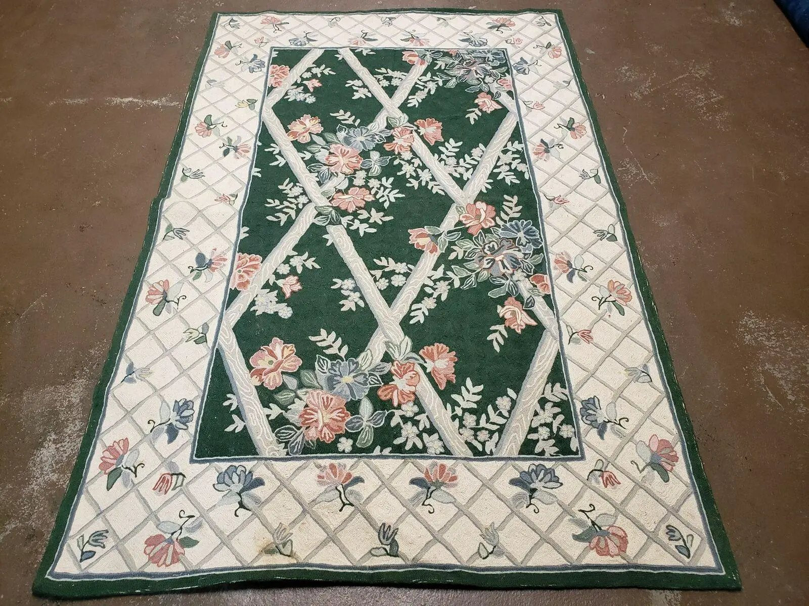 3' 6" X 5' 6" Hand Stitched Indian Wool Rug with Backing Green Beige by Jewel Rugs