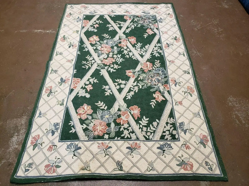 3' 6" X 5' 6" Hand Stitched Indian Wool Rug with Backing Green Beige by Jewel Rugs