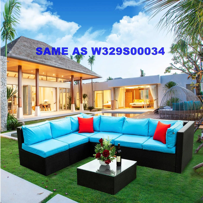 5 Pieces Rattan Sectional Outdoor Furniture Cushioned U Sof Set With 2 Pillow - Black / Blue by HouseOfZazla