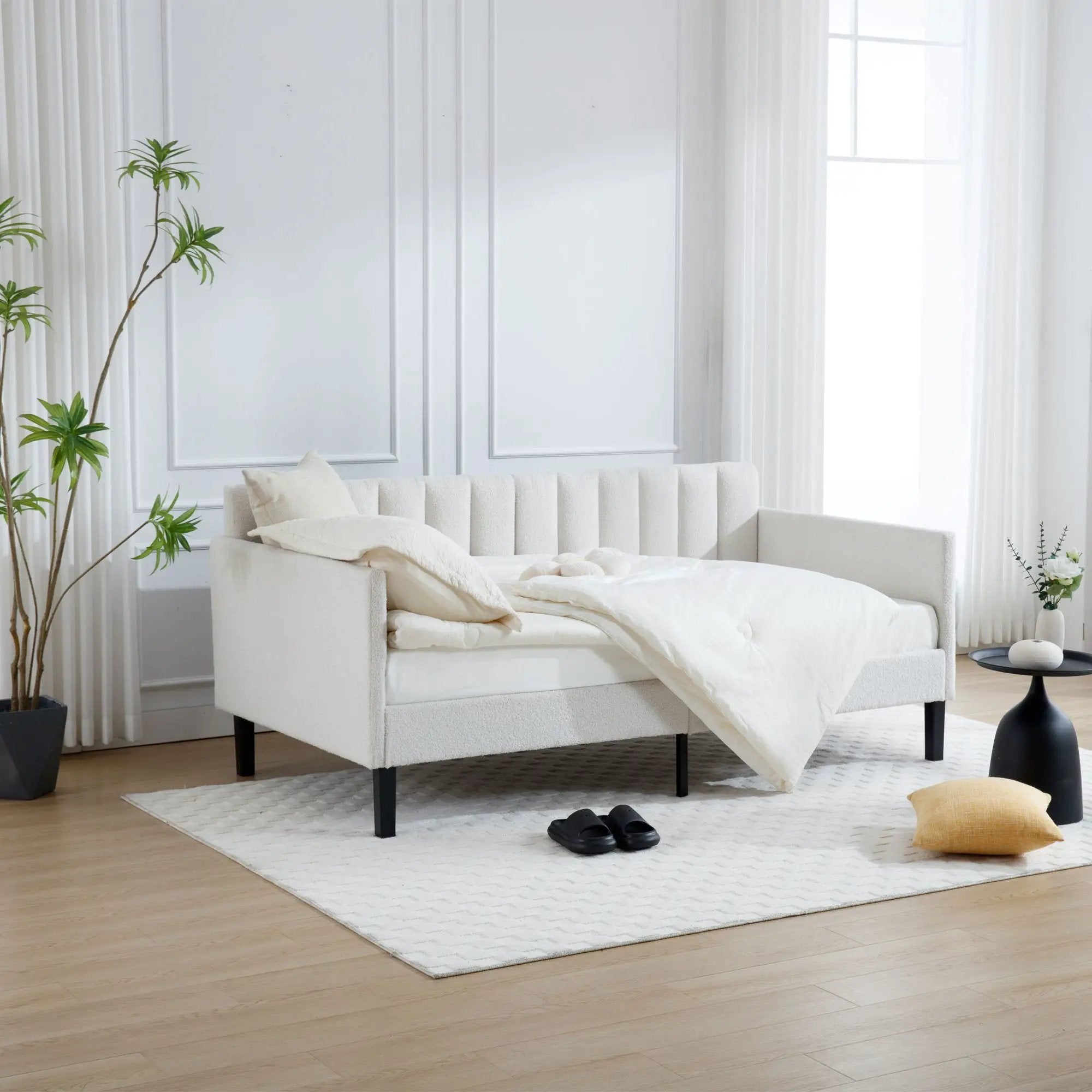 Elena - Boucle Upholstered Daybed, Ribbed Tufted Backrest by HouseOfZazla