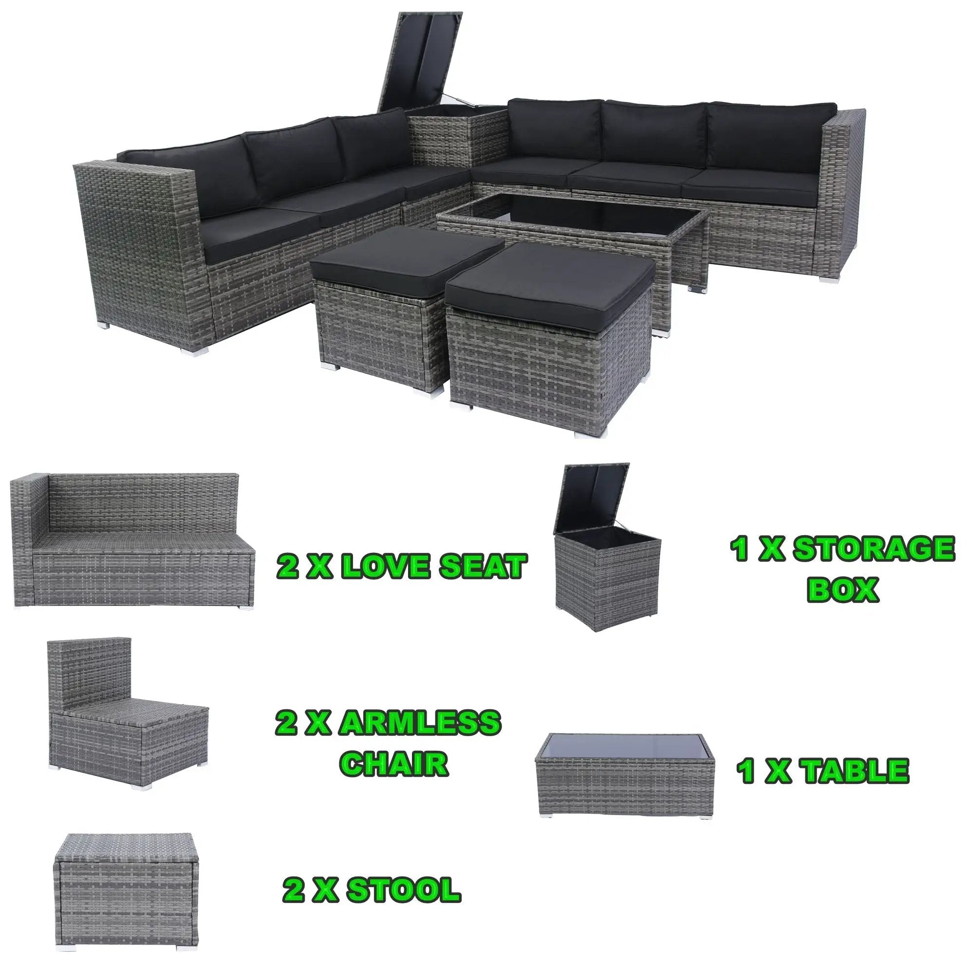 8 Piece Patio Sectional Wicker Rattan Outdoor Furniture Sof Set With One Storage Box Under Seat And Cushion Box - Gray / Black by HouseOfZazla