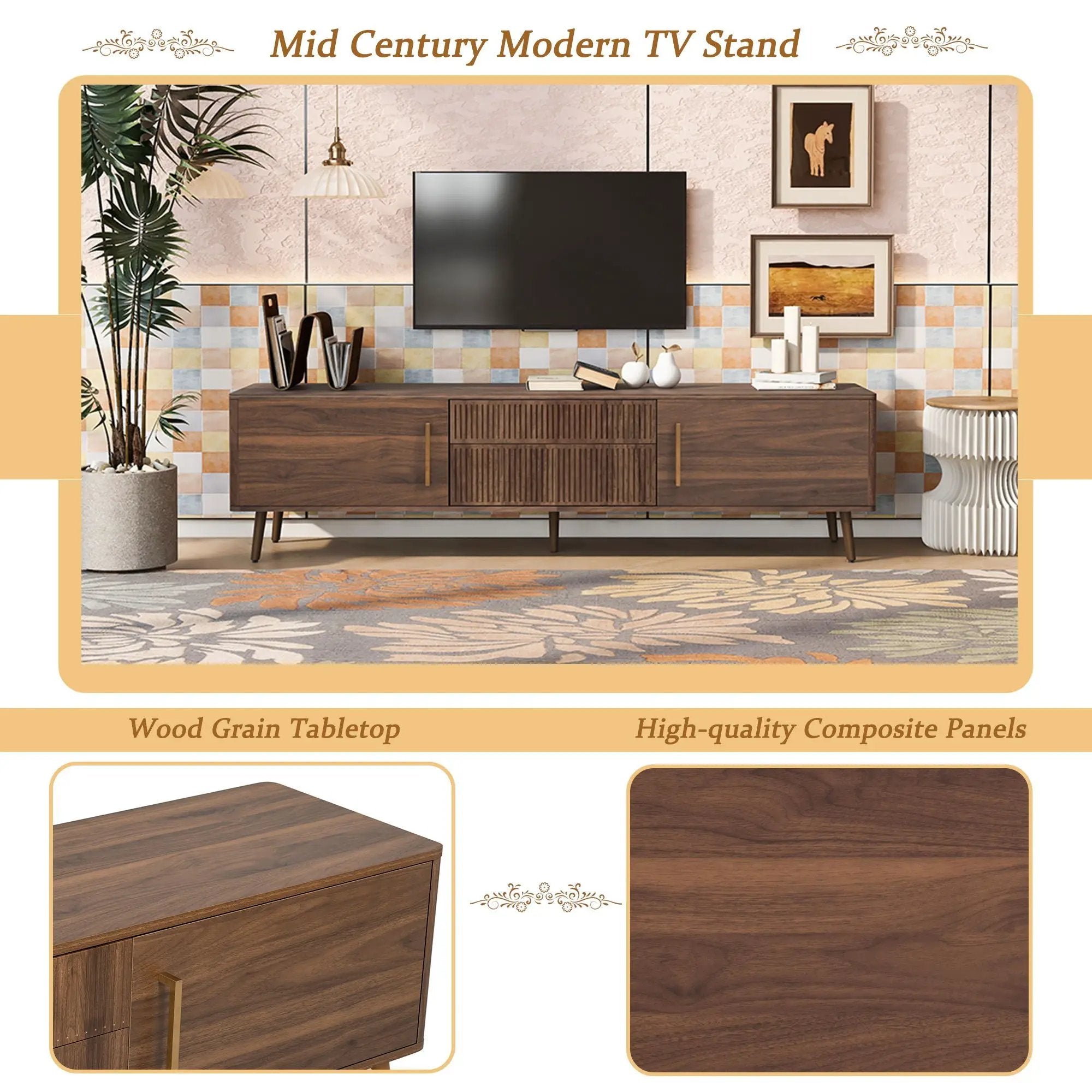TV Stand With 2 Drawers, Media Console Table For TVs Up To 80'' For Living Room - Walnut by Unique Piece Furniture