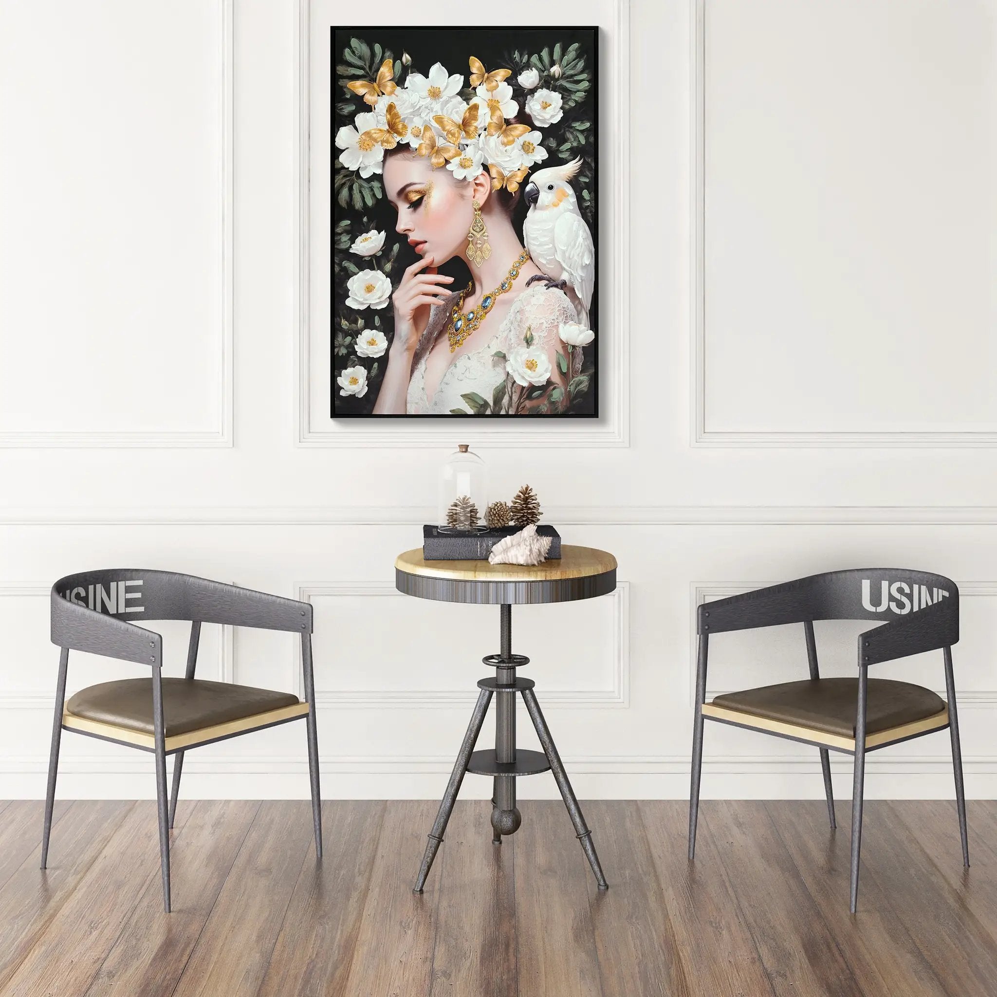 Beauty Lady Wall Art Gold and White Floral Canvas 24x36 Inch by HouseOfZazla