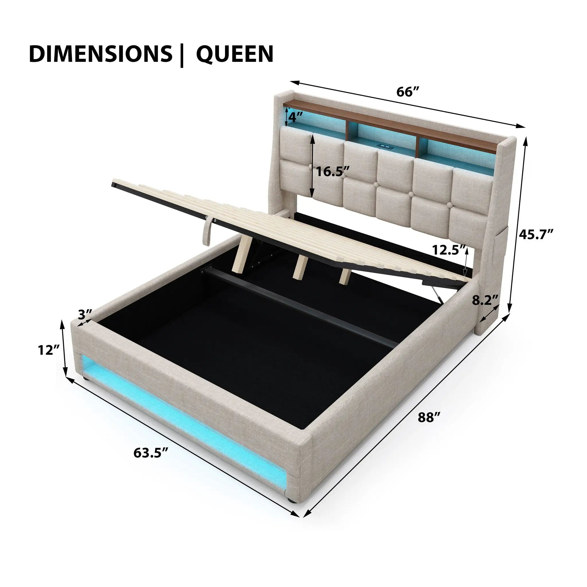 Platform Bed With Hydraulic Storage, LED Lighting & Charging Station by HouseOfZazla