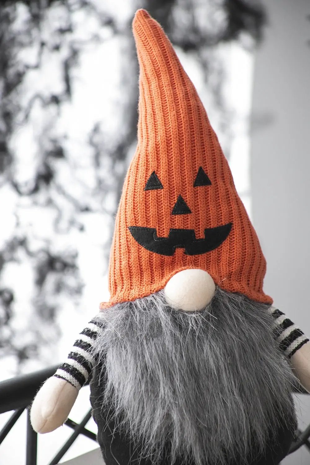 23.5" Seated Jack-O'-Lantern Gnome With Striped Limbs and Faux Fur Beard by HouseOfZazla