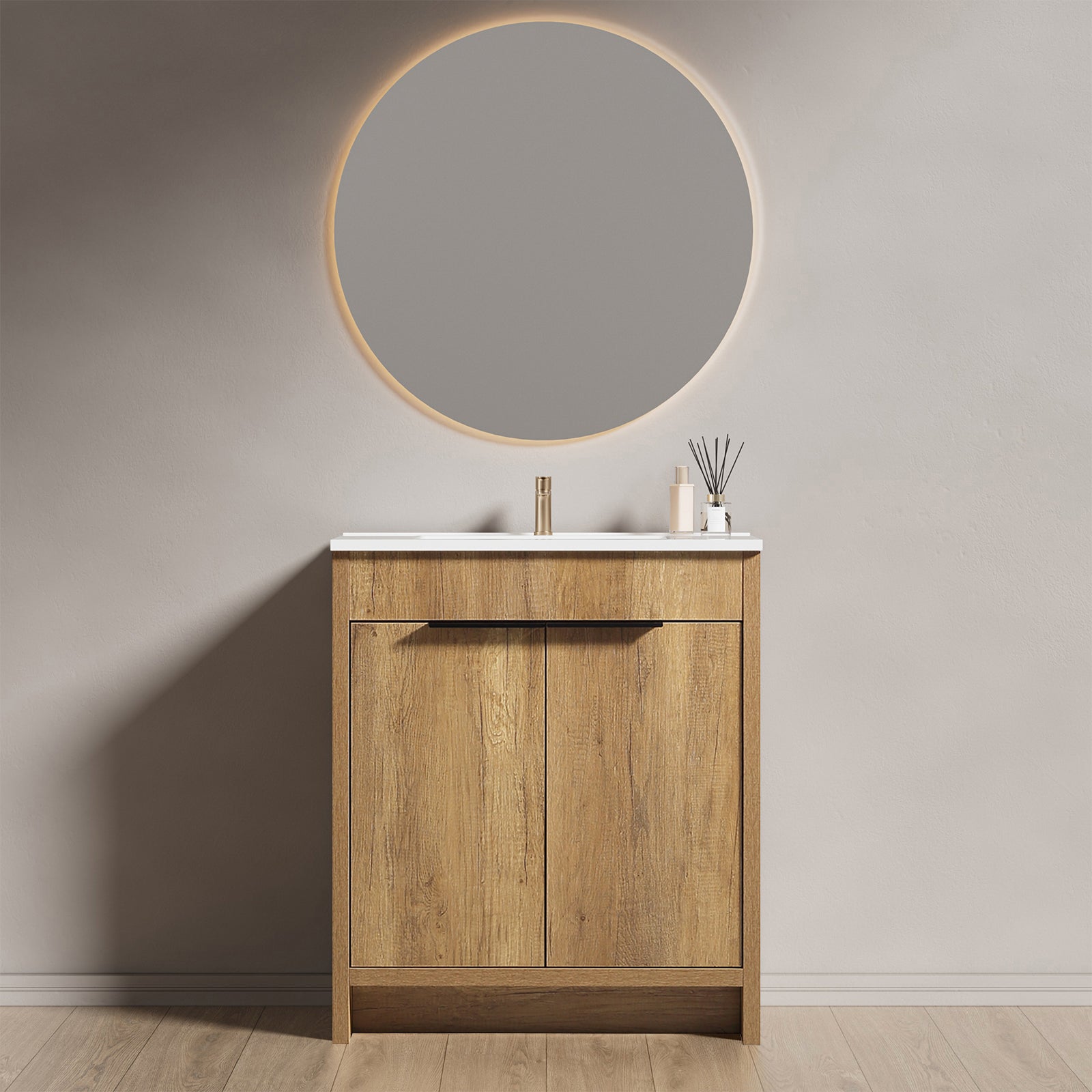 30inch Floor-Standing Bathroom Vanity with 3D Grooved Panel and Integrated Ceramic Sink by HouseOfZazla
