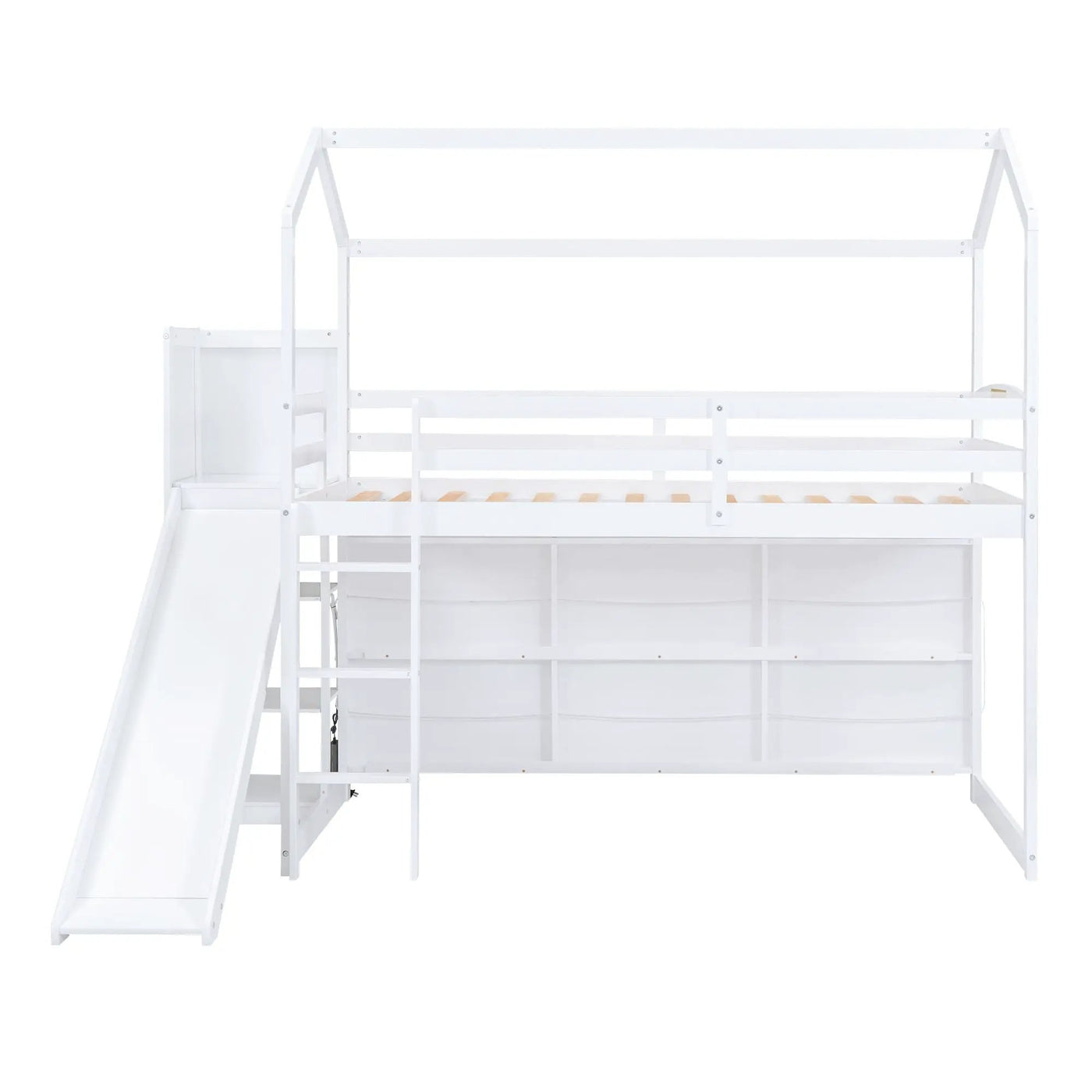 House Loft Bed With Slide, Storage Shelves And Light, Climbing Ramp by HouseOfZazla