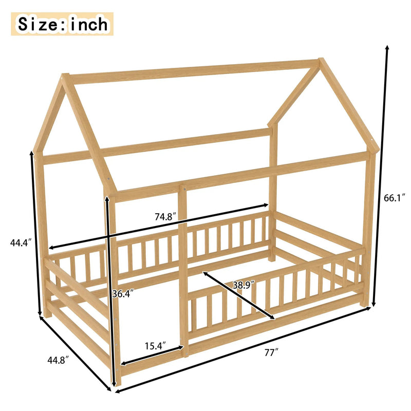 Twin Size Floor Wooden Bed with House Roof Frame, Fence Guardrails by HouseOfZazla