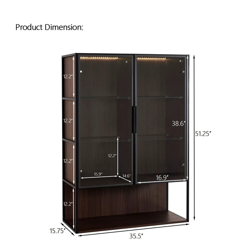 Modern Minimalist Tall Lighted Display Cabinet With Tempered Glass Door - Black / Dark Walnut by HouseOfZazla