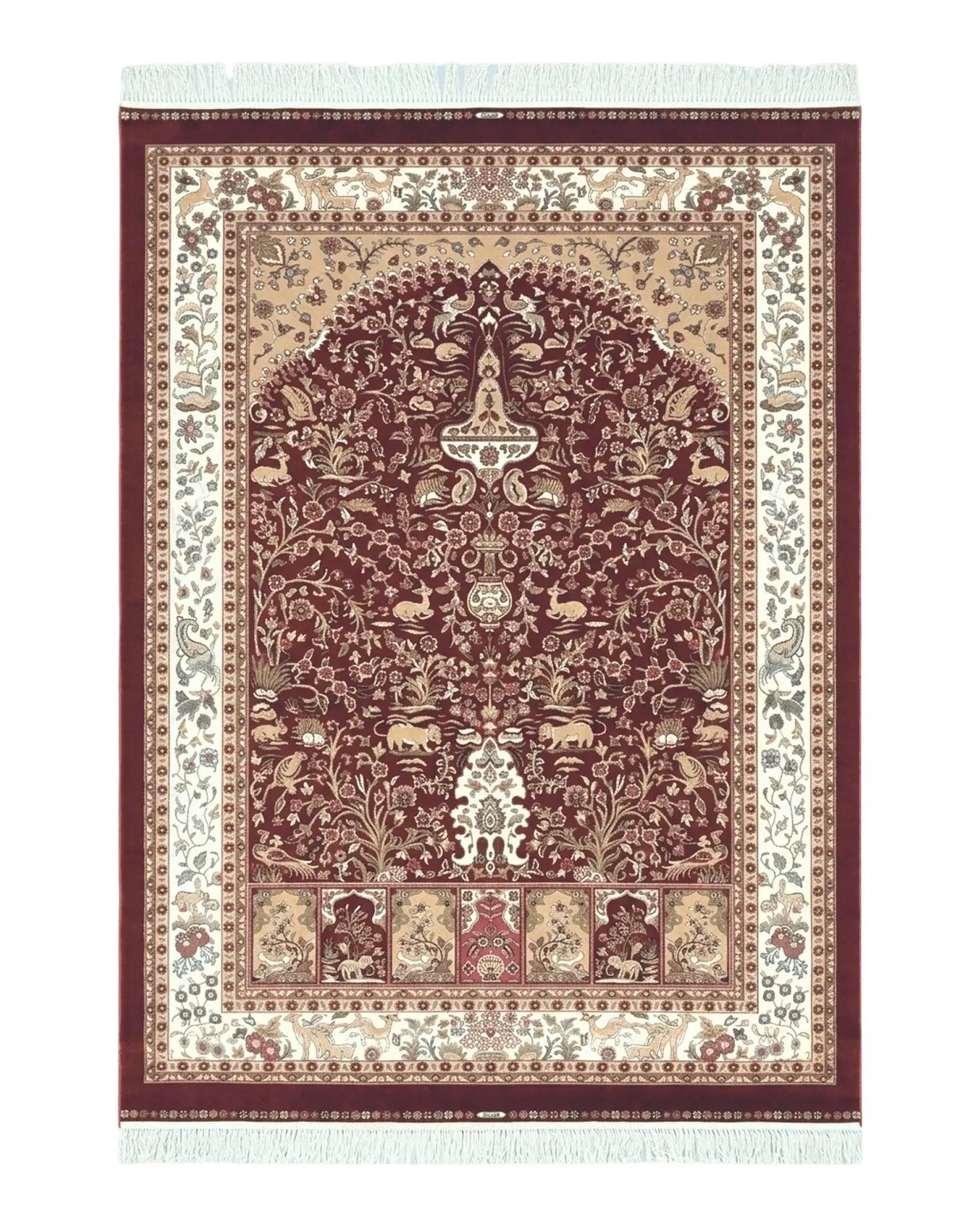 Silk Carpet 4x6 Dark Red & Cream, Tree of Life Rug, Animal Motifs, Birds Deer Rabbits, All Bamboo Silk, 4 x 6 Silk Area Rug by Jewel Rugs