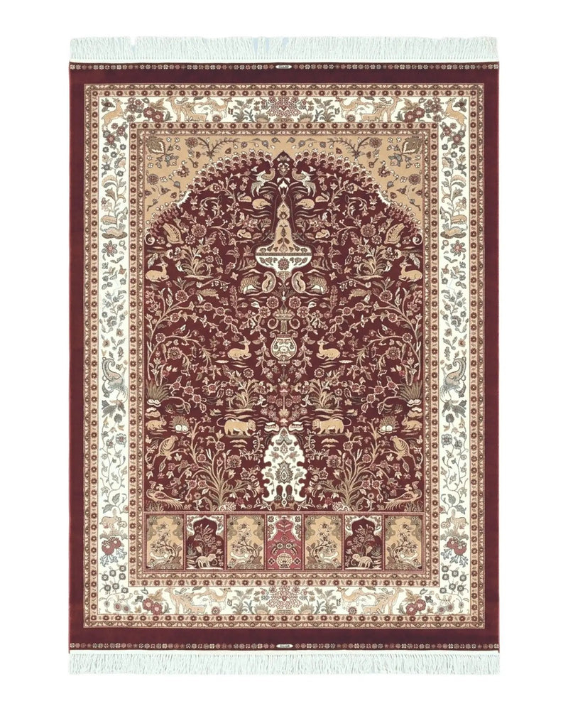 Silk Carpet 4x6 Dark Red & Cream, Tree of Life Rug, Animal Motifs, Birds Deer Rabbits, All Bamboo Silk, 4 x 6 Silk Area Rug by Jewel Rugs