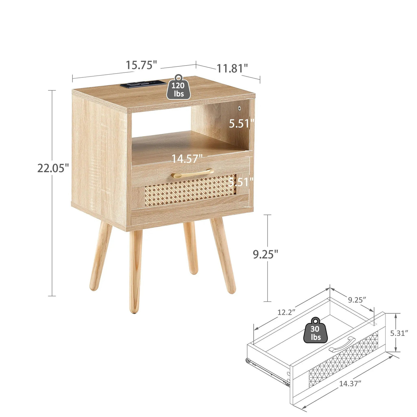 15.75" Rattan End Table With Power Outlet & USB Ports, Modern Nightstand With Drawer And Solid Wood Legs, Side Table For Living Room, Bedroom by HouseOfZazla