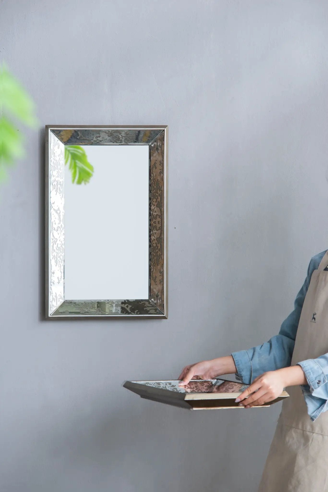 Antique Rectangle Mirror With Floral Accents, Mirrored Display Tray, Hanging Wall Mirror by Unique Piece Furniture