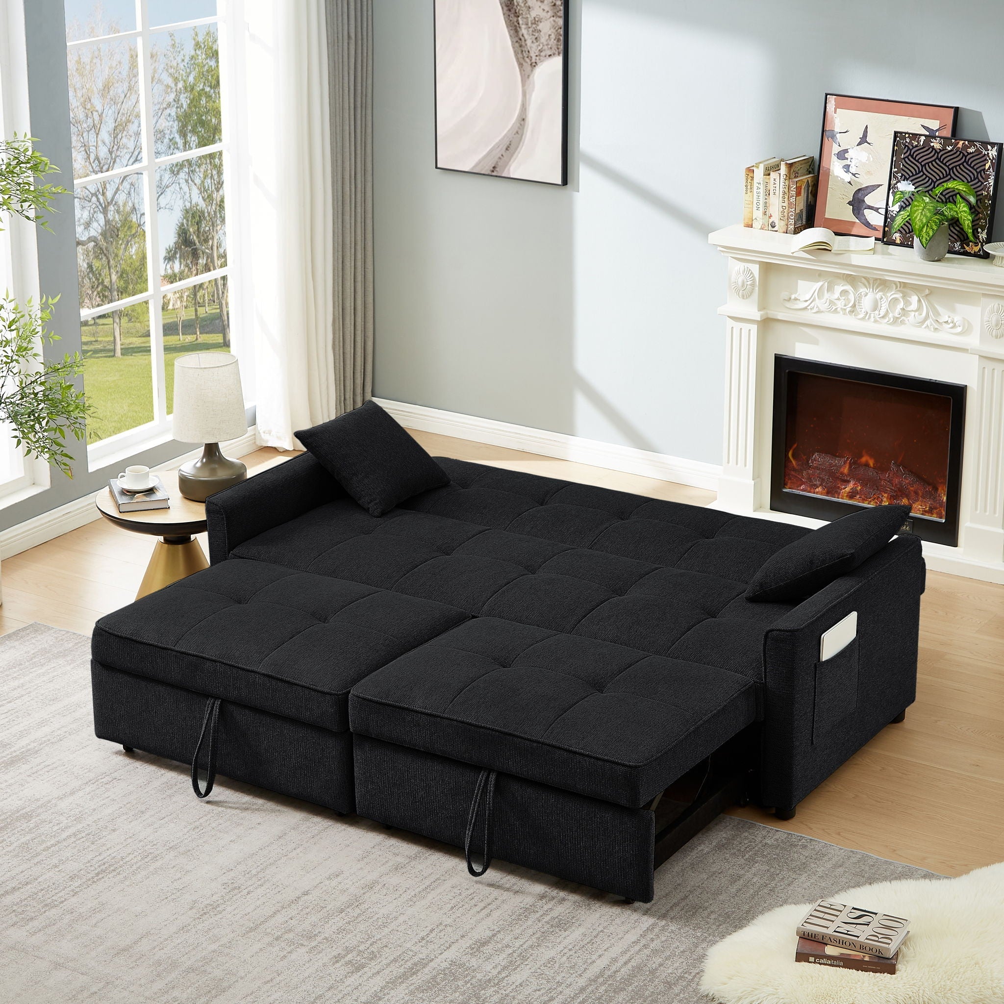3 In 1 Convertible Sleeper Sofa Bed, Reclining Backrest, Pillows, Pockets by HouseOfZazla