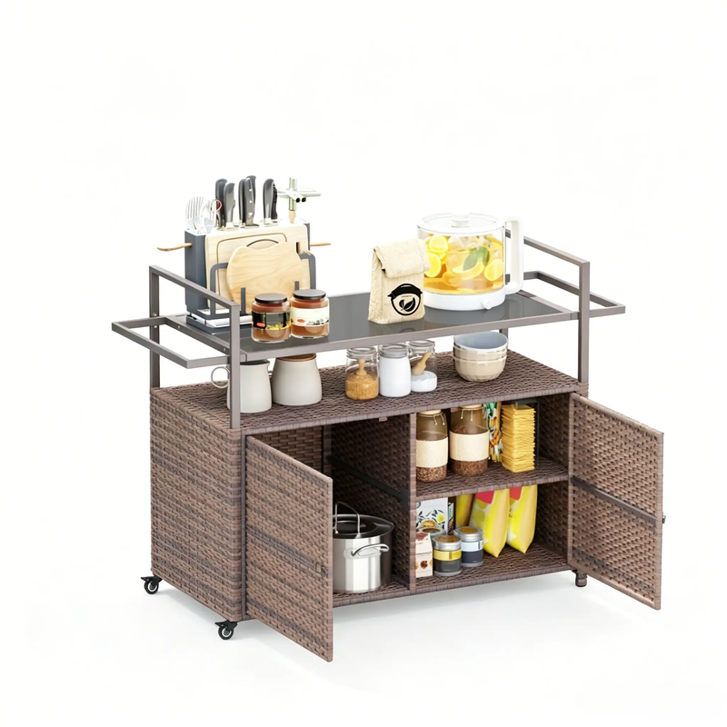 Rattan Storage Cart, Portable Outdoor Serving Cart, Garden Storage Organizer by HouseOfZazla
