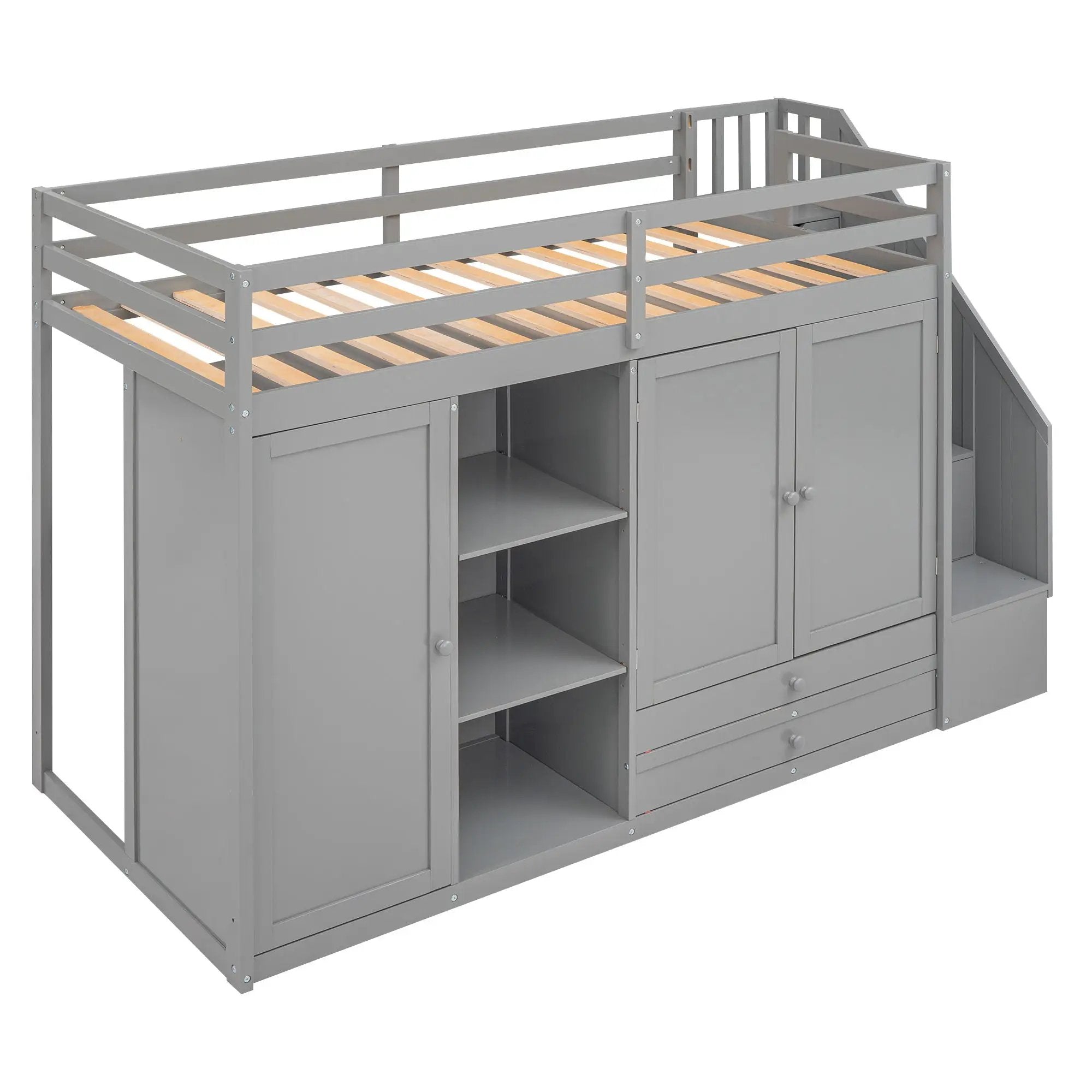 Loft Bed With 3 Shelves, 2 Wardrobes, 2 Drawers, Ladder Storage by Unique Piece Furniture