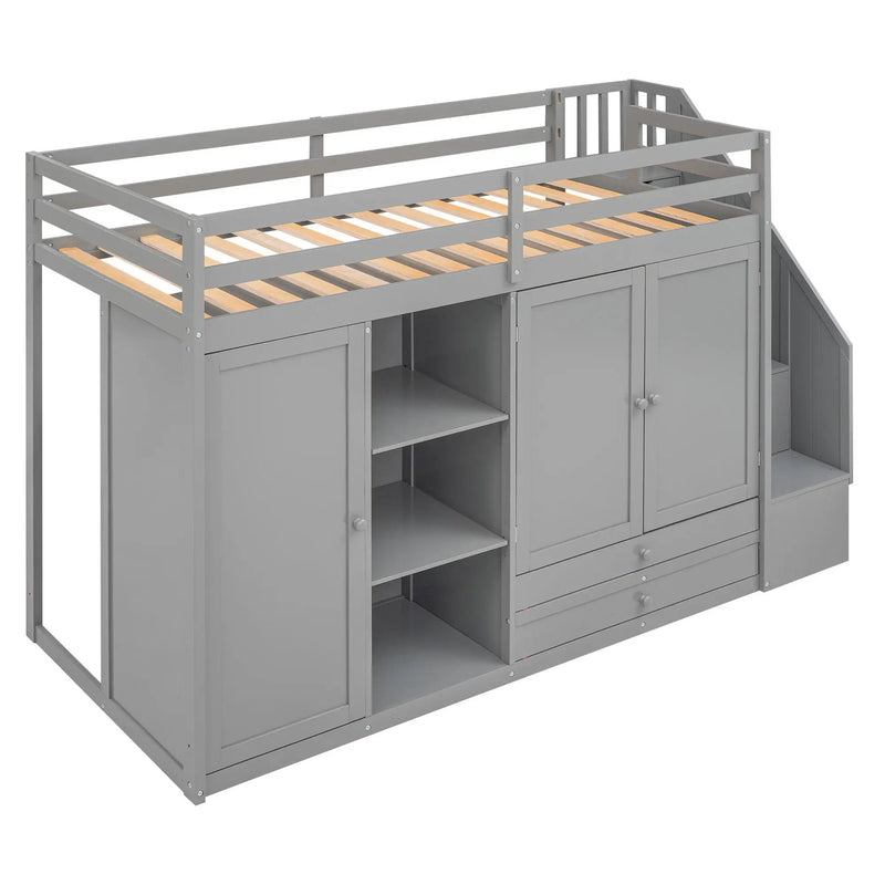 Loft Bed With 3 Shelves, 2 Wardrobes, 2 Drawers, Ladder Storage