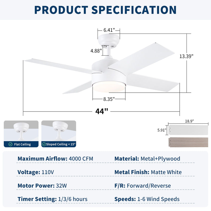 Ceiling Fan With Remote Control, Reversible DC Motor, 6 Speeds, 3 Dimmable LED, Quiet Timer For Indoor - White by HouseOfZazla