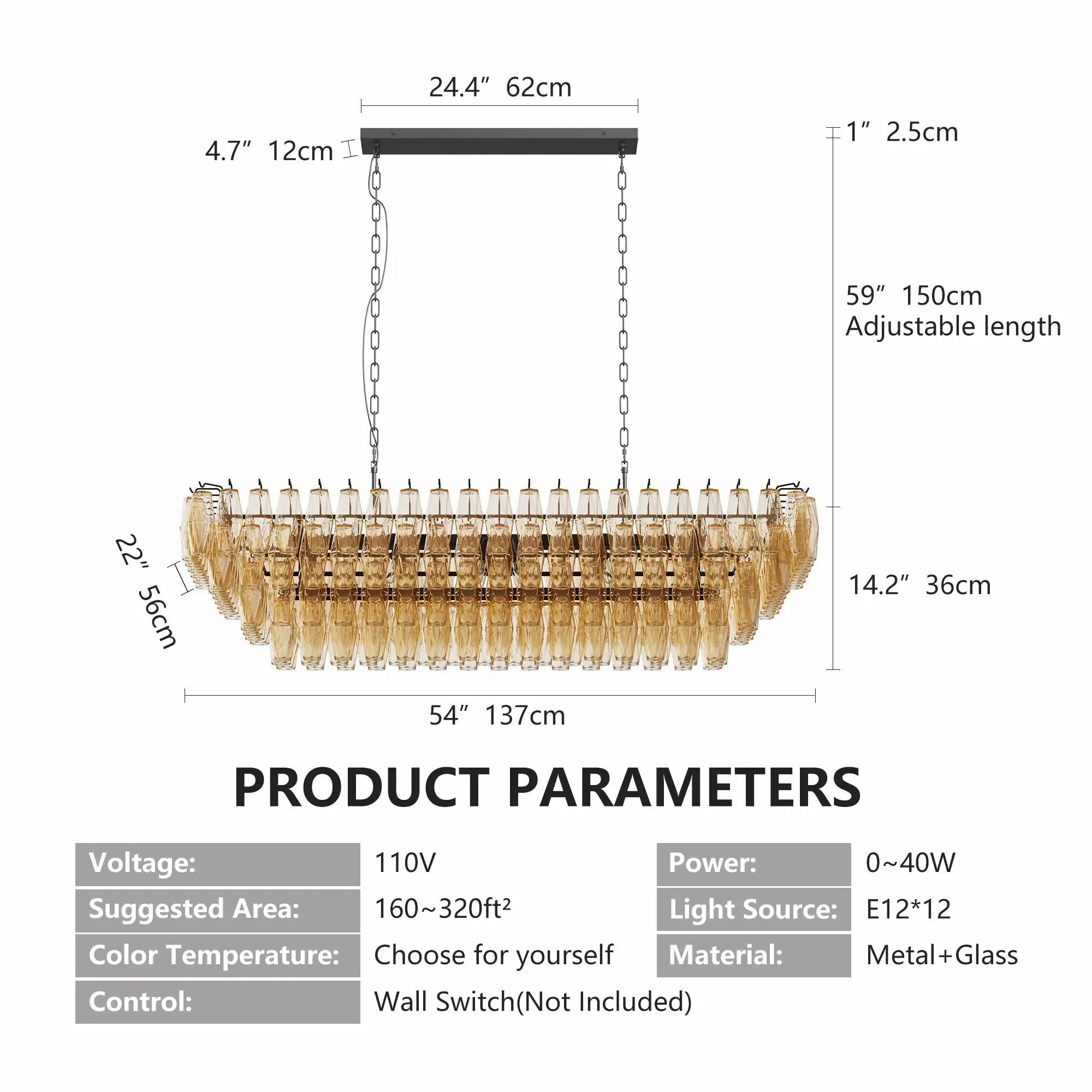 54-Inch Black Rectangular 12-Light Smoke Glass Chandelier by HouseOfZazla