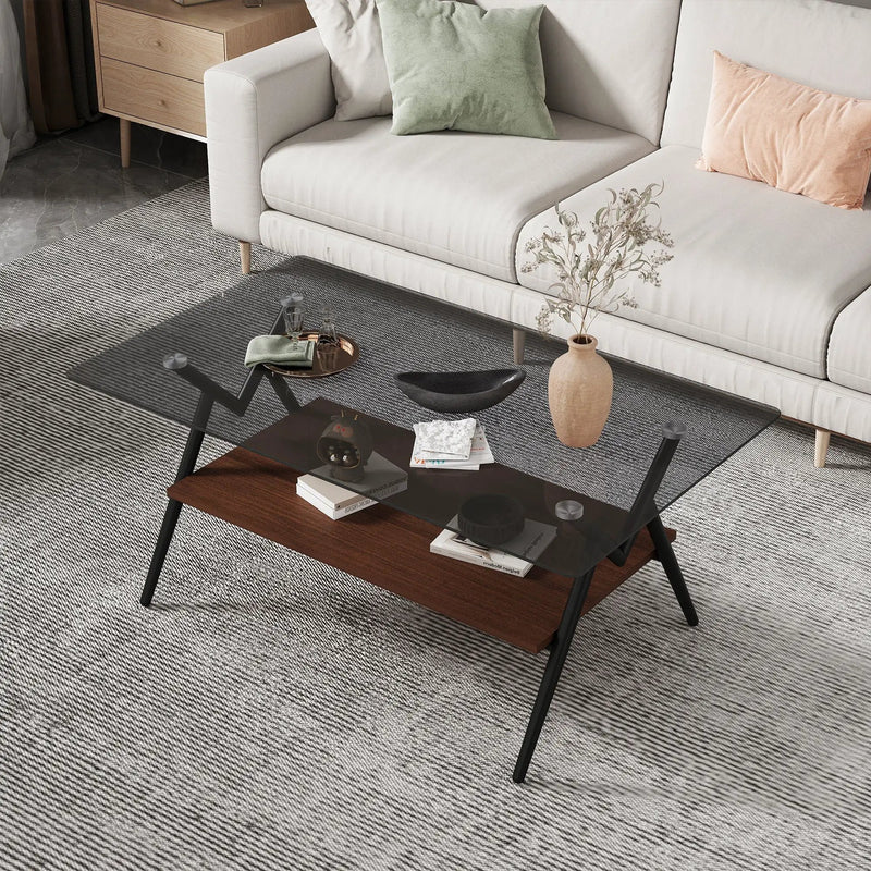 Rectangle Coffee Table With Tempered Glass Top And Shelf, Modern Table For Living Room by HouseOfZazla