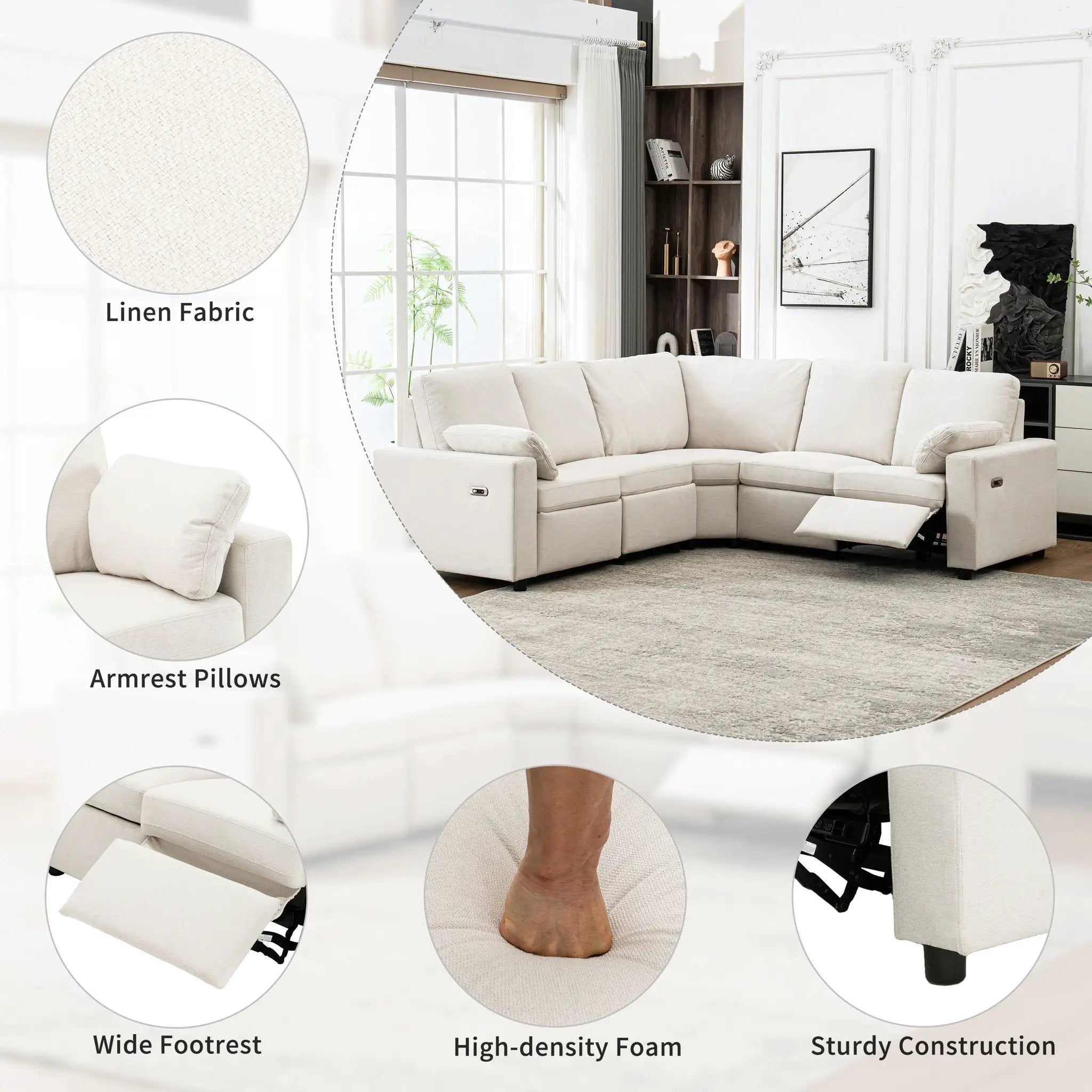 Power Recliner Sectional Sofa Home Theater Reclining Sofa With Two USB Ports, Two Storage Drawers For Living Room by Unique Piece Furniture