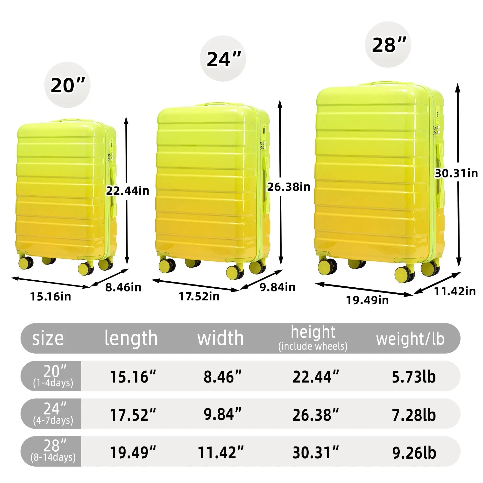 20'/24'/28' 3-Piece PC Spinner Wheel Luggage Set (Yellow+Green) by HouseOfZazla