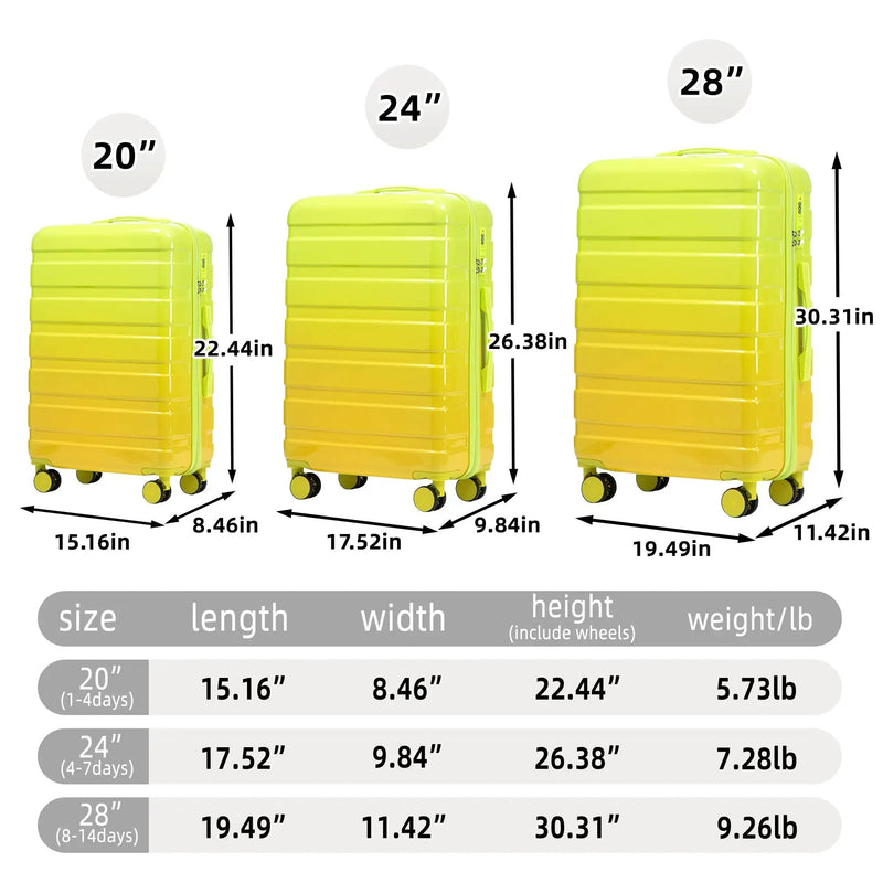 20'/24'/28' 3-Piece PC Spinner Wheel Luggage Set (Yellow+Green) by HouseOfZazla