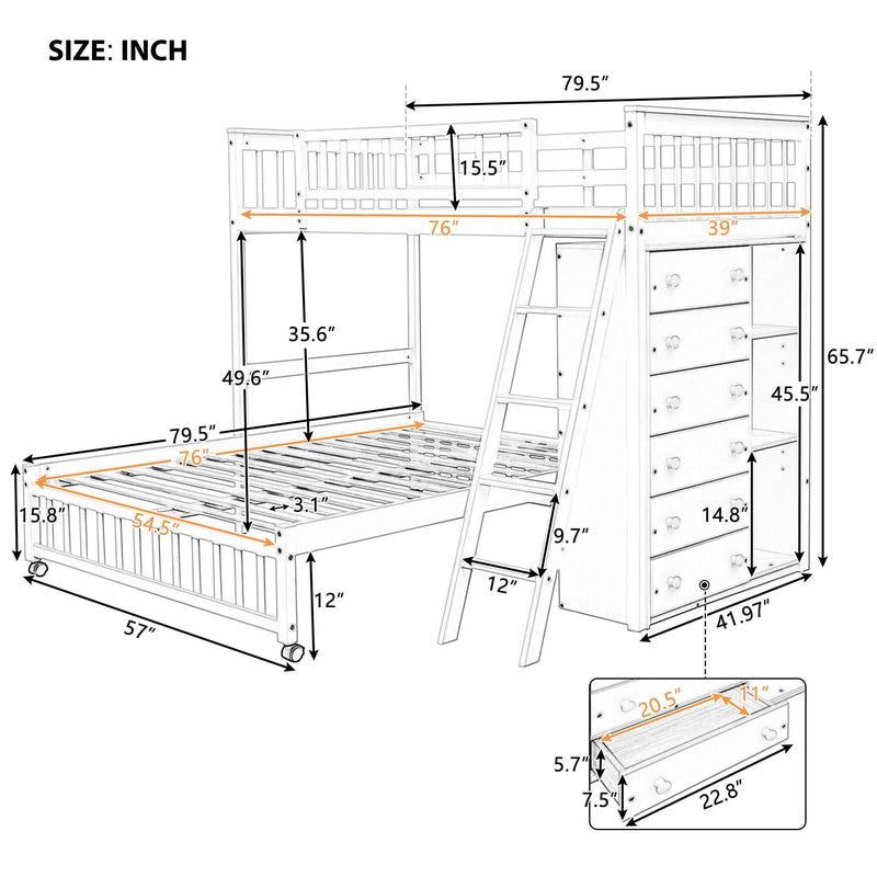 Bunk Bed With 6 Drawers And Flexible Shelves, Bottom Bed With Wheels by HouseOfZazla