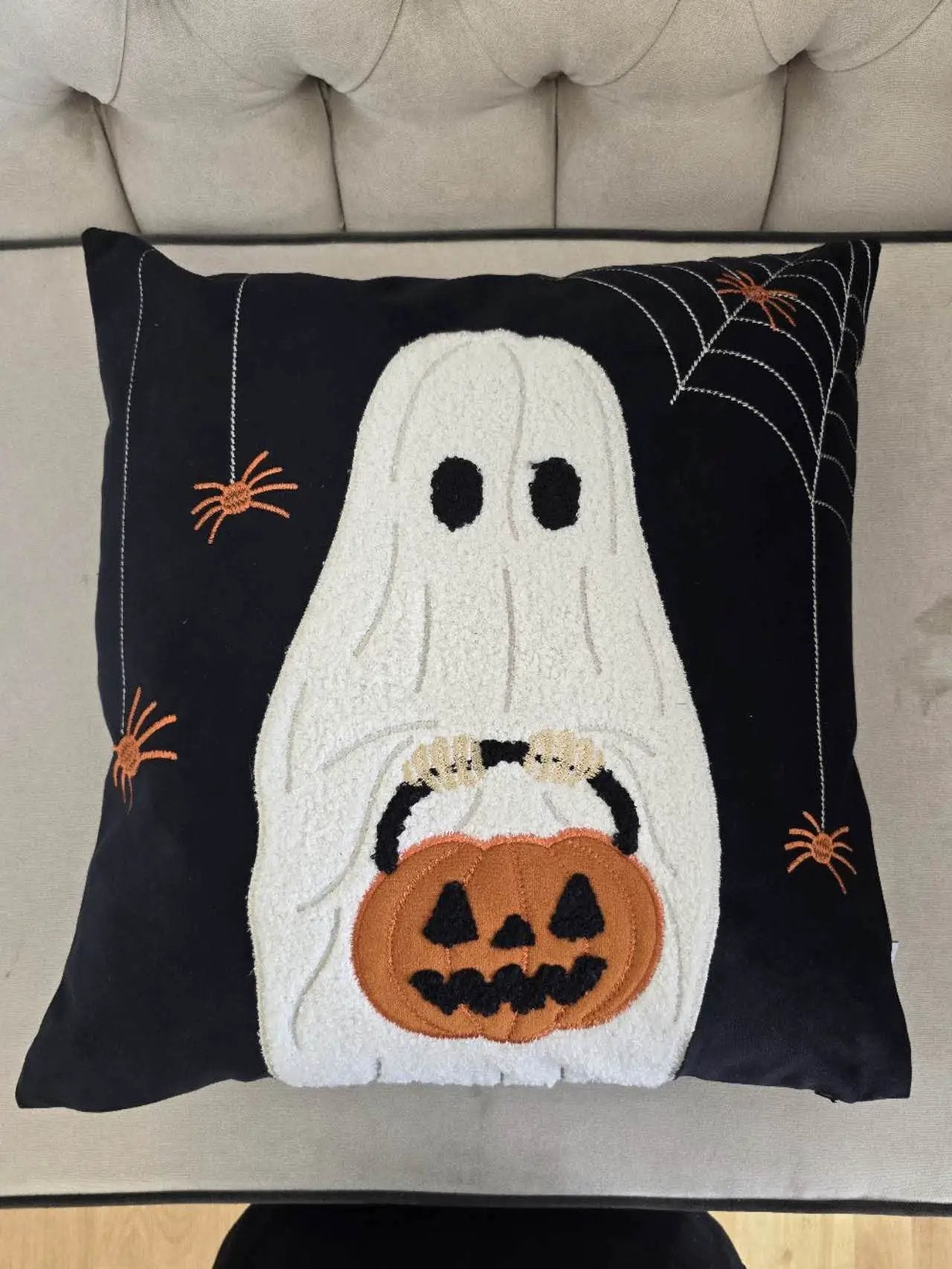 Halloween Ghost with Pumpkin Bucket Throw Pillow Set of 2 by HouseOfZazla