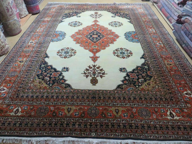 Indo Persian Rug 9x12, Semi Open Field Medallion, Ivory Tomato Red Navy Blue, Hand Knotted Indian Oriental Wool Carpet 9 x 12 ft, Room Sized by Jewel Rugs