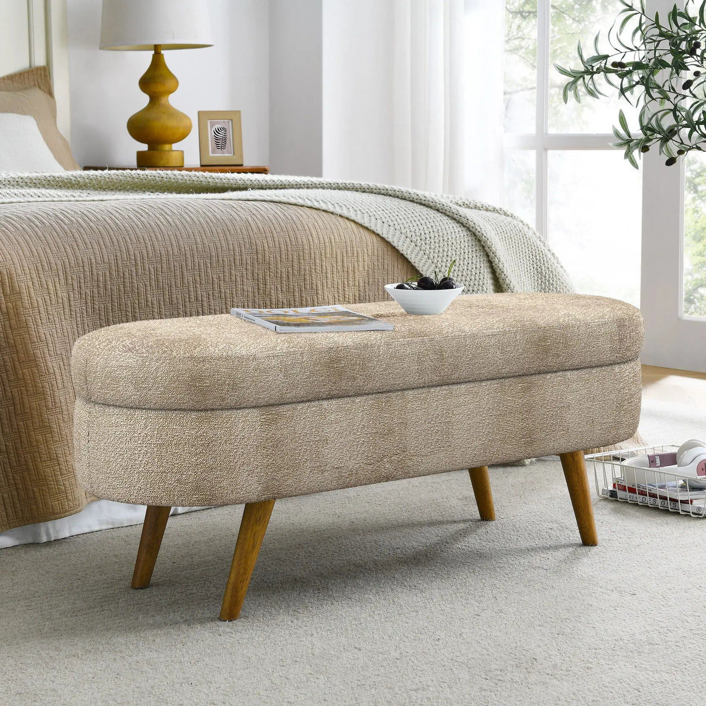 Modern Ottoman Oval Storage Bench With Rubber Wood Legs by Unique Piece Furniture